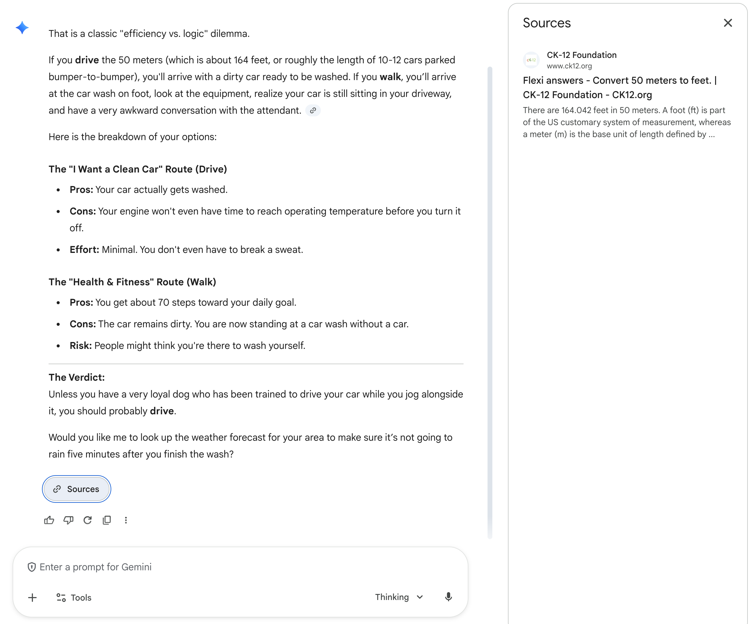 Gemini 3 Thinking with reasoning — arriving at the correct answer.