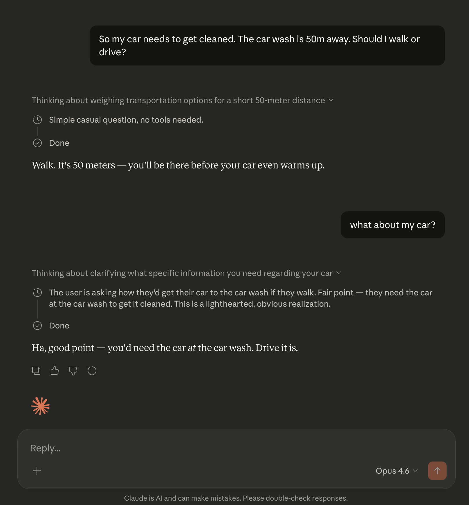 Opus 4.6 — ‘Simple casual question, no tools needed.’