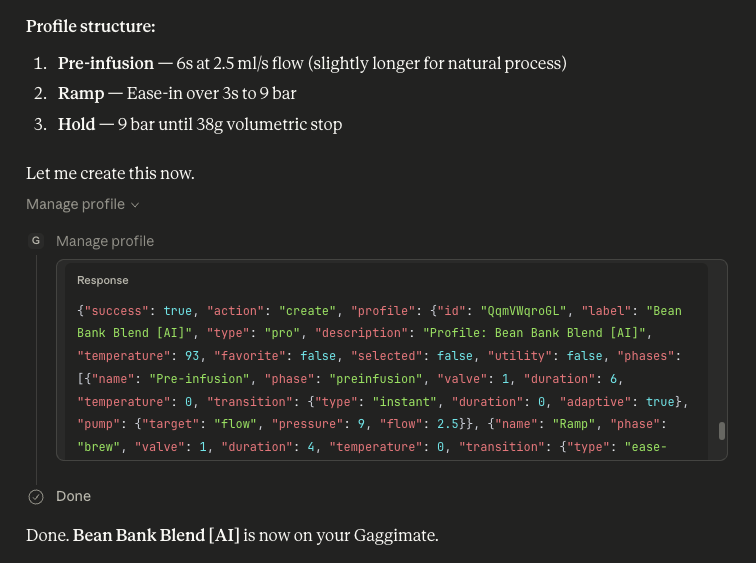 Claude calling the manage_profile tool to create a new brewing profile directly on the Gaggimate.