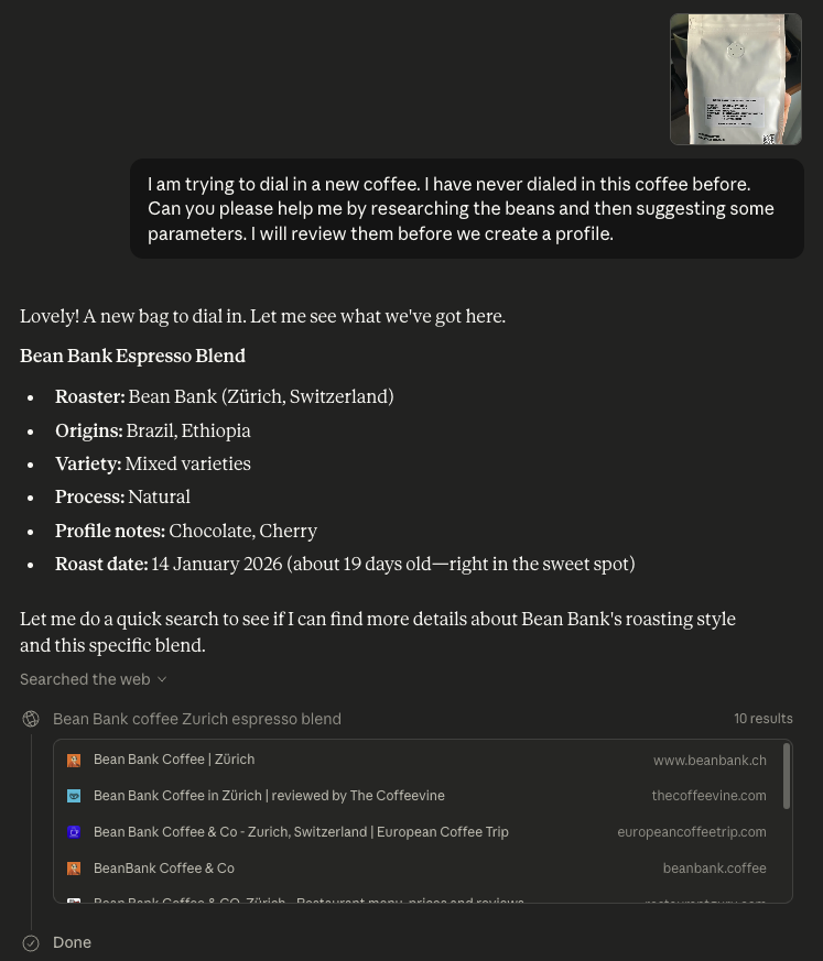 Claude researching a new bag of beans — identifying origin, processing method, and how they&rsquo;ll affect extraction.